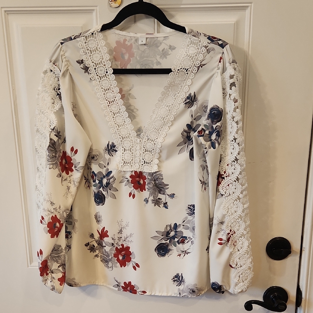 4 For $20 Floral Lace Trim Blouse - Cream, Red, Blue